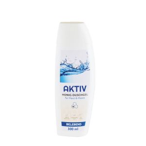 Aktiv Duschgel in einer weißen Flasche mit blauem Etikett