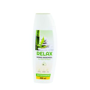 Relax Duschgel in einer weißen Flasche mit einem grünen Etikett