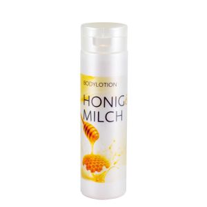 Honig-Milch Körperlotion in einer schmalen Flasche mit Klappdeckel