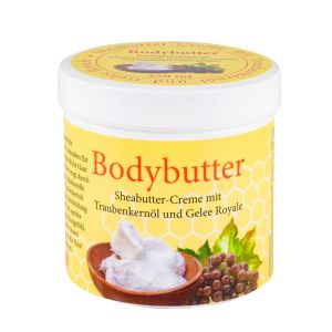 Body Butter in einer weißen 250ml Dose mit gelben Etiketten