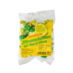 Zitronenbonbons mit Honigfüllung in durchsichtiger Verpackung