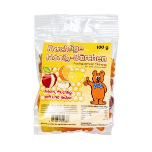 Fruchtige Honig-Bärchen mit 5% Honig in einer durchsichtigen 100 g Plastiktüte
