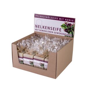 Aufsteller mit 24 Nelkenseifen mit gemahlenen Gewürznelken in Cellophan eingepackt