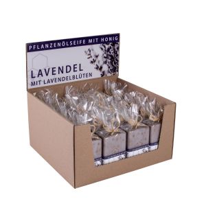 Aufsteller mit 24 Lavendel/Blütenseifen dekoriert