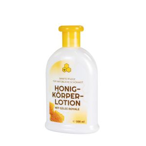 Honig Körper-Lotion in einer Plastikflasche mit gelbem Deckel und gelbem Etikett