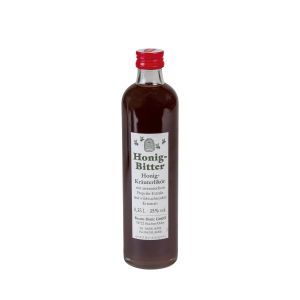 Honig-Kräuterlikör "Honig-Bitter" in Glasflasche mit rotem Schraubverschluss