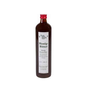 Honig-Magenbitter Kräuterlikör in Glasflasche mit rotem Schraubverschluss