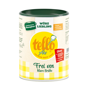 Tellofix Frei von klare Suppe in einer Pulverdose mit grünem Deckel