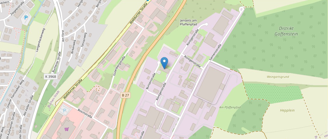 Kartenausschnitt von OpenStreetMap mit Markierung auf der Röntgenstraße im Gewerbegebiet nahe der B 27 in Heilbronn