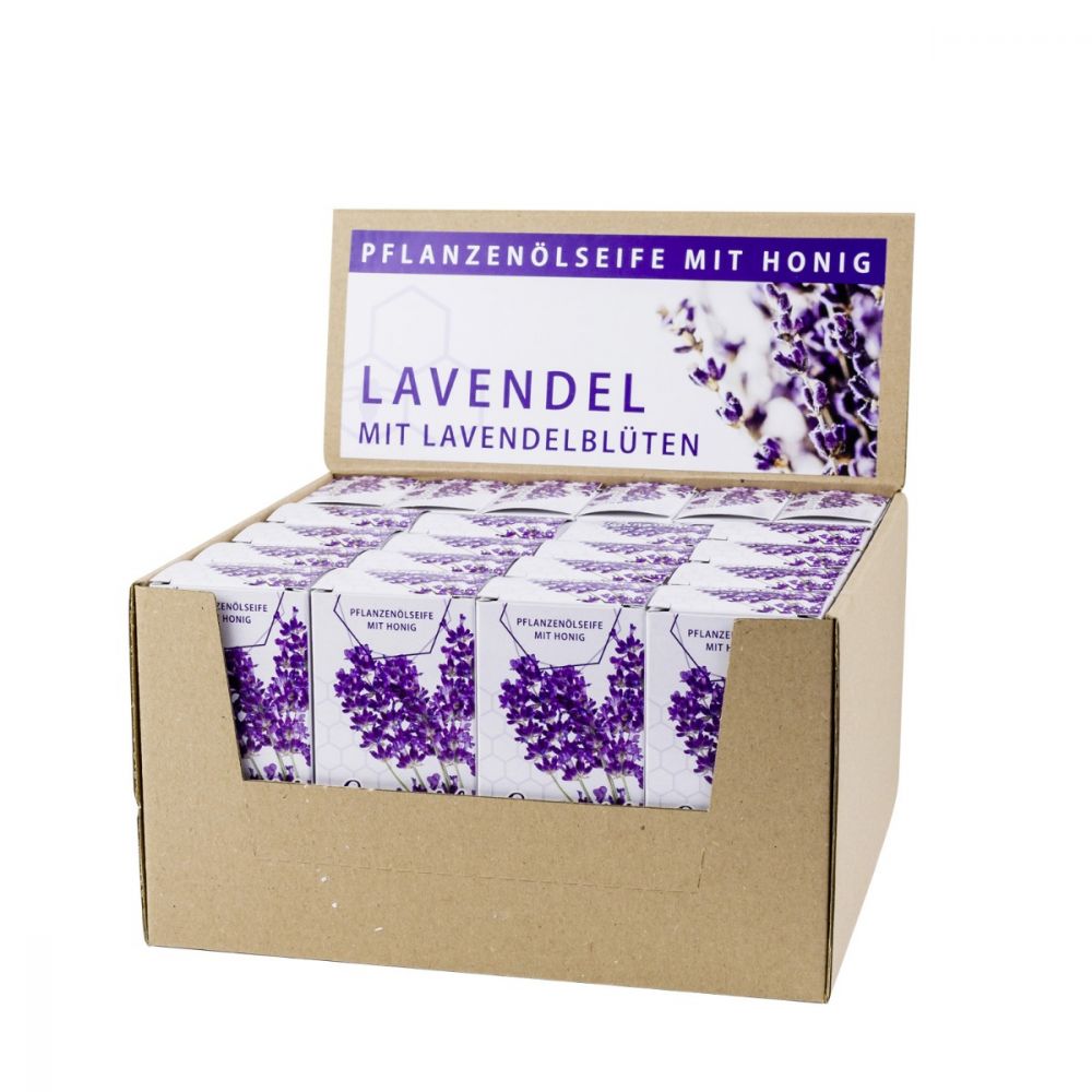 Aufsteller mit 22 Ho.-Lavendelseifen mit Blüten