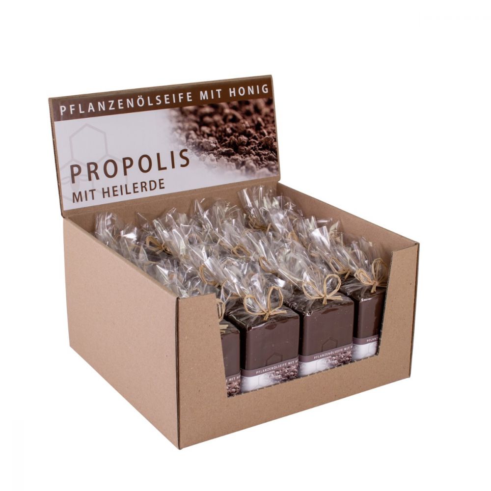 Aufsteller m. 24 Propolis/Heilerdeseifen dekoriert